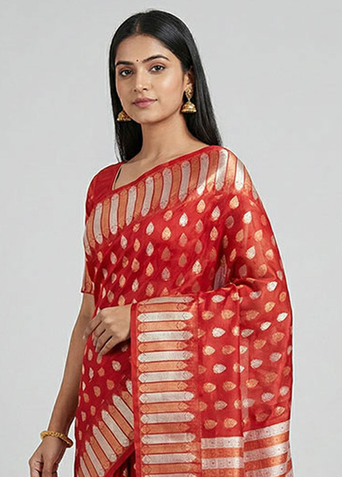 Red Organza Saree With Blouse Piece