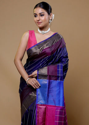 Blue Kalakshetra Silk Saree With Blouse Piece