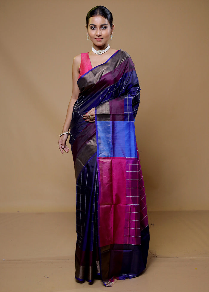 Blue Kalakshetra Silk Saree With Blouse Piece