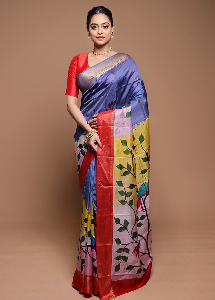Blue Printed Silk Saree Without Blouse Piece