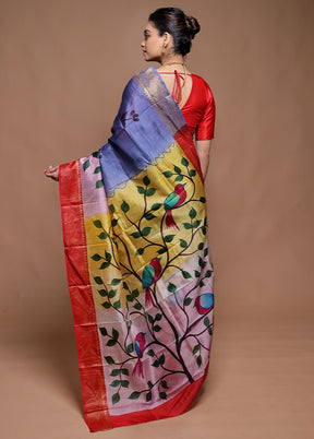 Blue Printed Silk Saree Without Blouse Piece