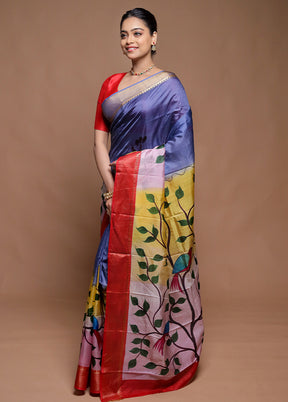 Blue Printed Silk Saree Without Blouse Piece