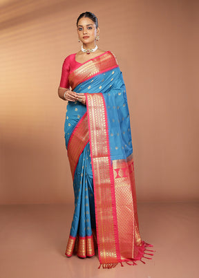 Blue Kanjivaram Silk Saree With Blouse Piece