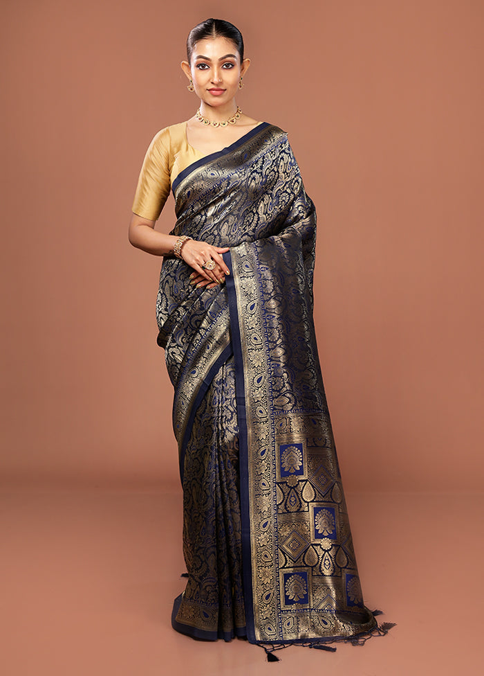 Blue Dupion Silk Saree With Blouse Piece