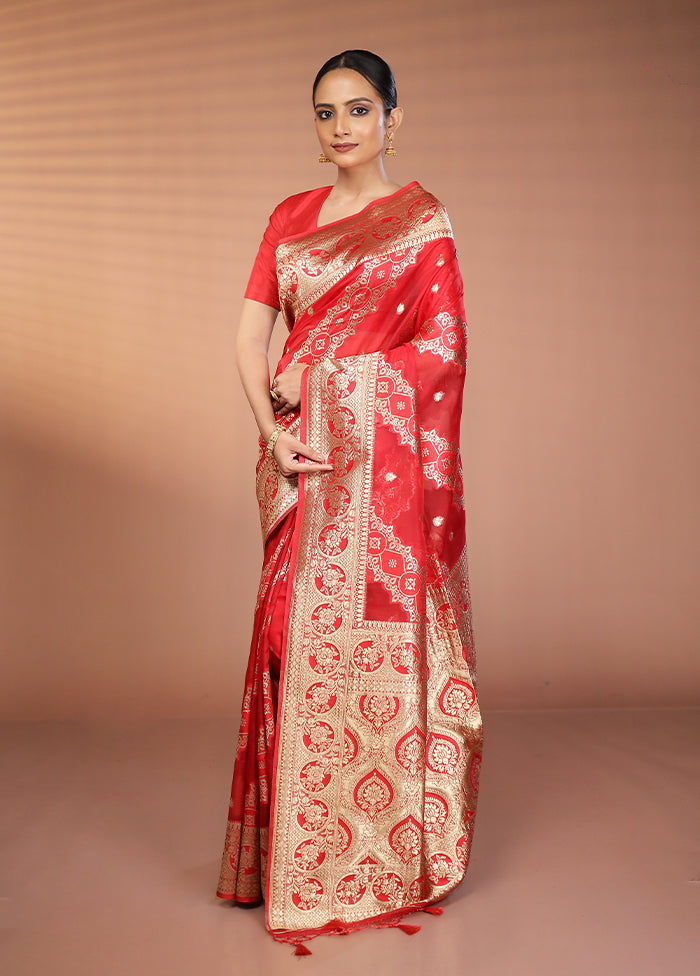 Red Organza Saree With Blouse Piece