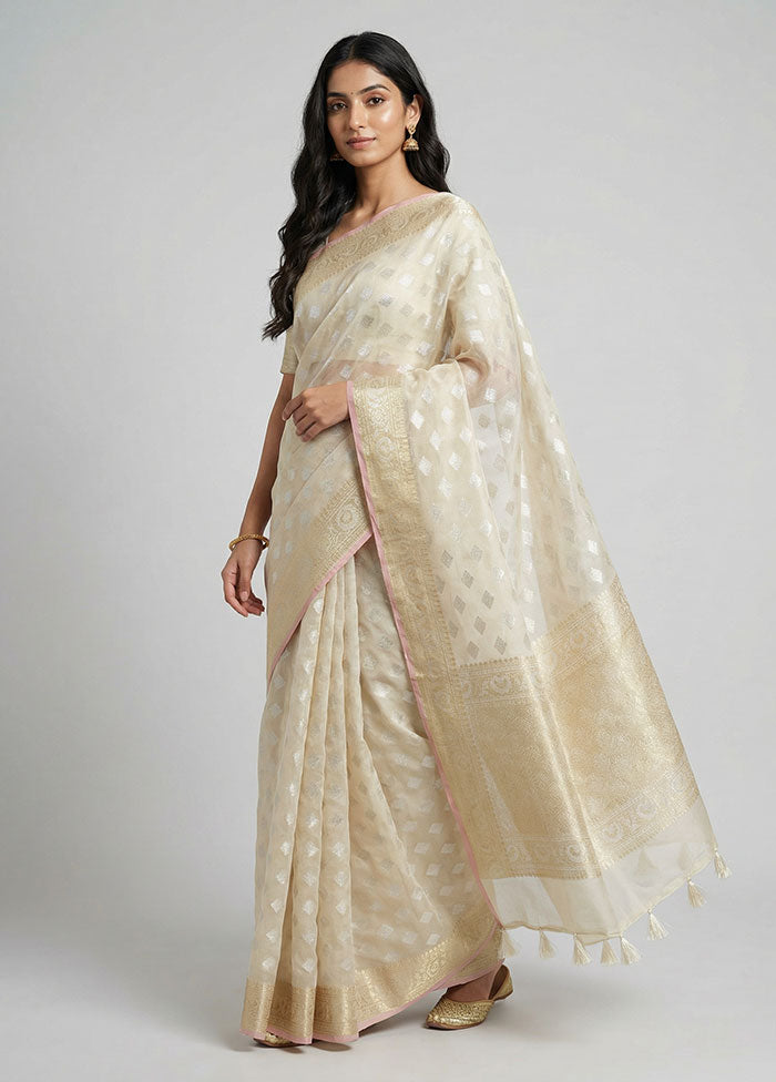 Cream Organza Saree With Blouse Piece