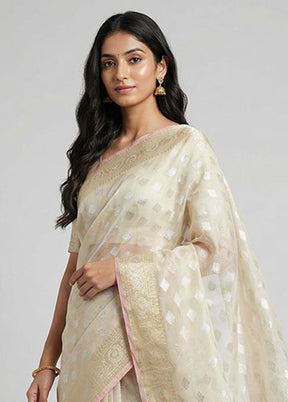 Cream Organza Saree With Blouse Piece