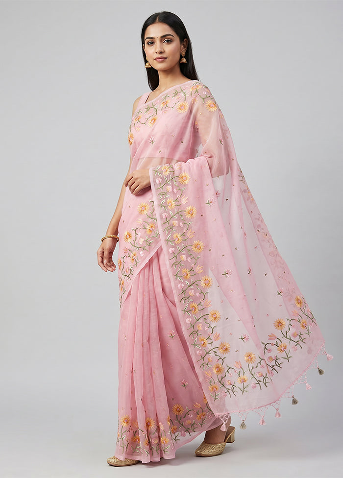 Pink Organza Saree With Blouse Piece