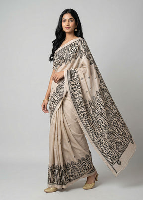 Cream Handloom Kantha Stitch Pure Silk Saree With Blouse Piece