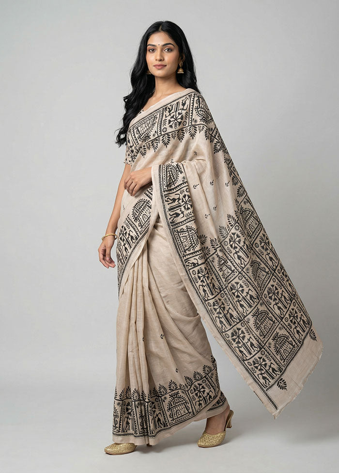 Cream Handloom Kantha Stitch Pure Silk Saree With Blouse Piece
