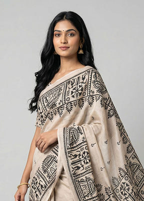 Cream Handloom Kantha Stitch Pure Silk Saree With Blouse Piece