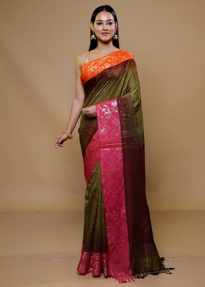 Green Cotton Saree With Blouse Piece