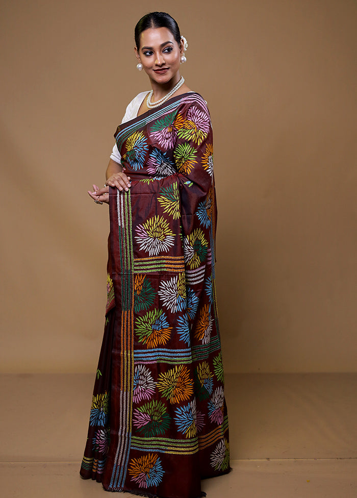 Maroon Kantha Stitch Silk Saree With Blouse Piece