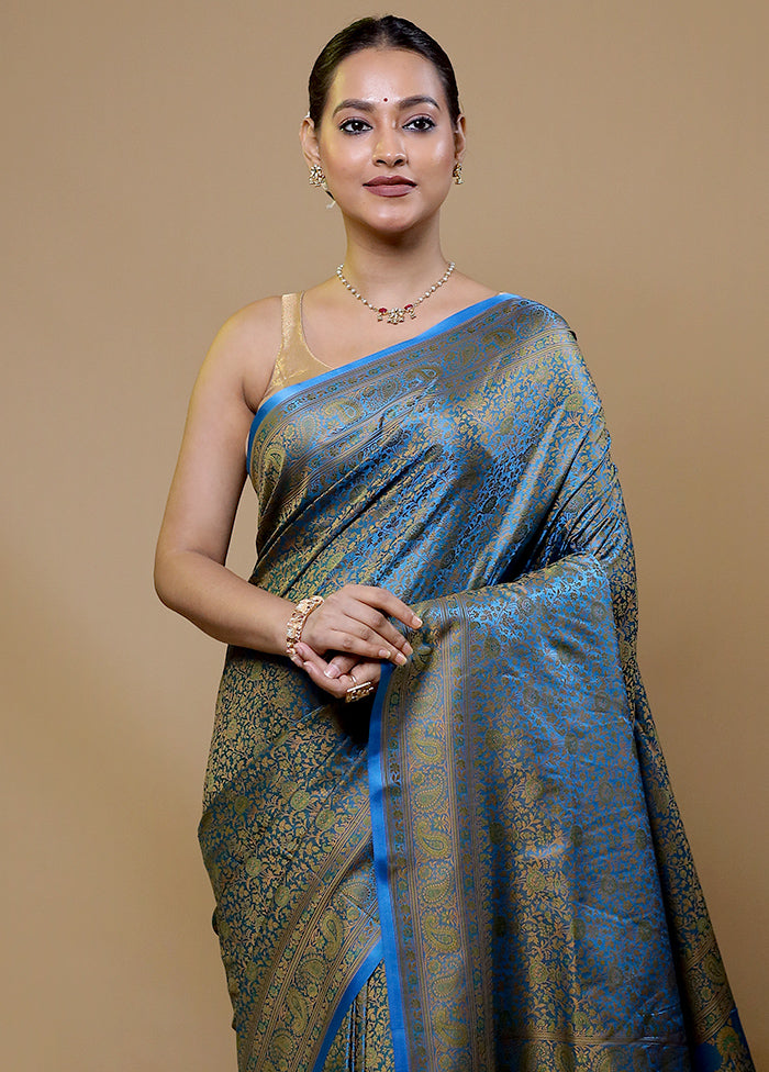 Blue Jamewar Silk Saree With Blouse Piece