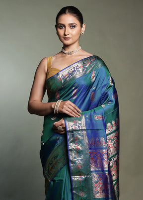 Blue Handloom Baluchari Pure Silk Saree With Blouse Piece