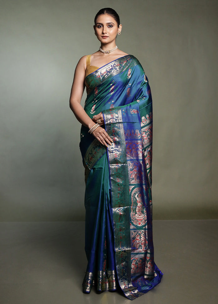Blue Handloom Baluchari Pure Silk Saree With Blouse Piece