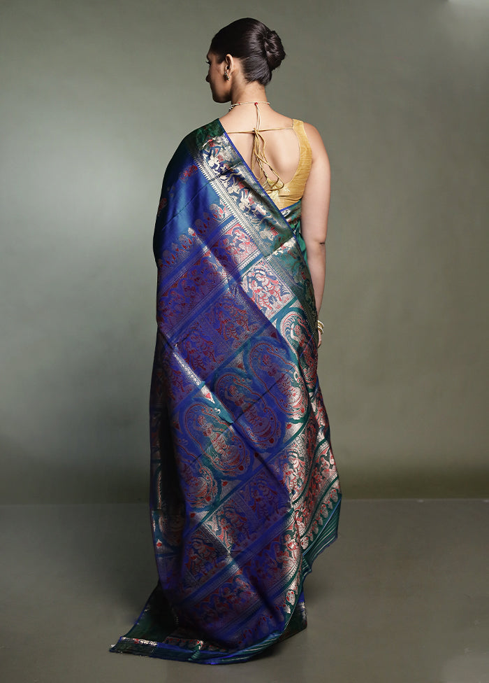 Blue Handloom Baluchari Pure Silk Saree With Blouse Piece