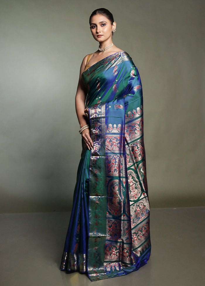 Blue Handloom Baluchari Pure Silk Saree With Blouse Piece