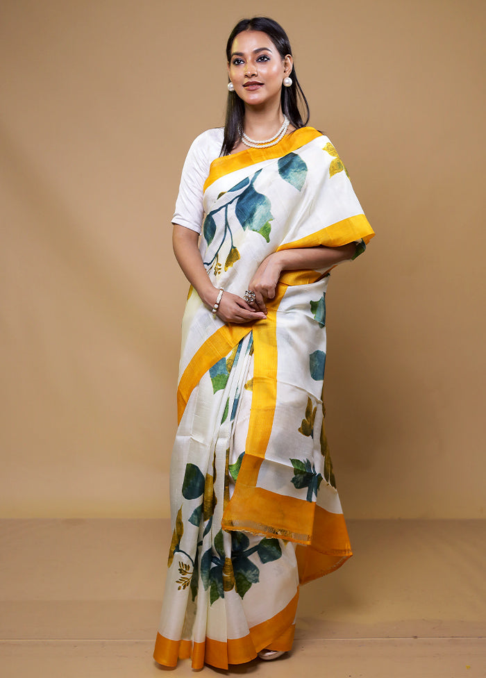 White Printed Silk Saree Without Blouse Piece