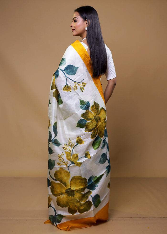 White Printed Silk Saree Without Blouse Piece