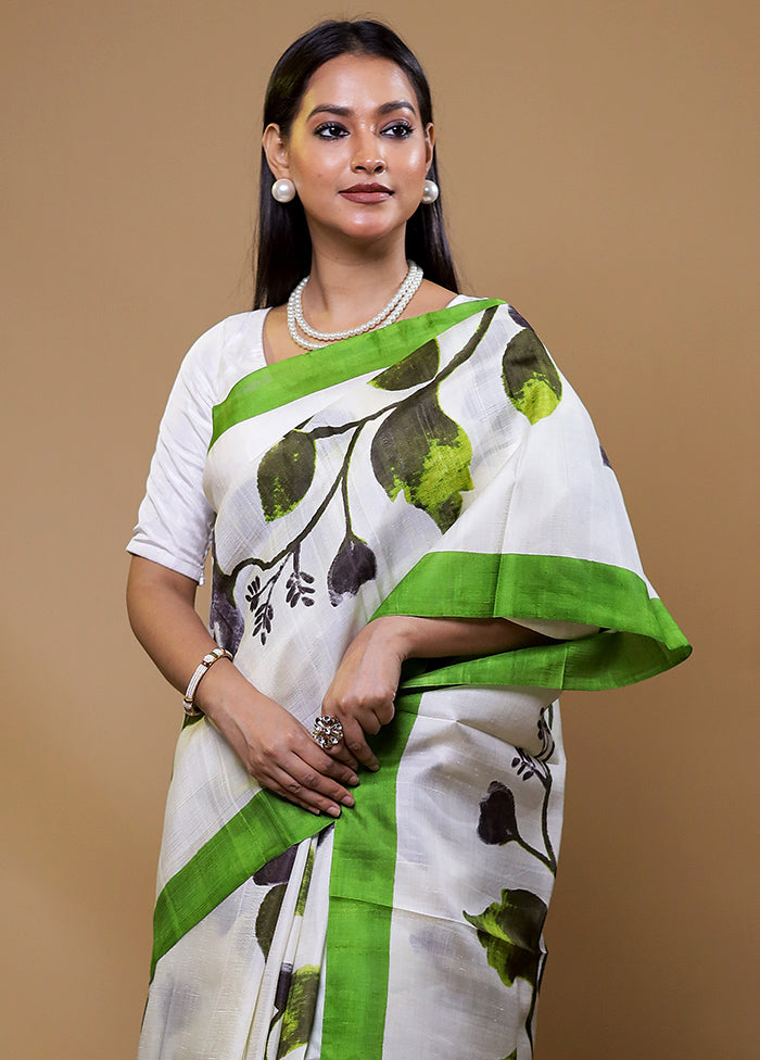 White Printed Silk Saree Without Blouse Piece