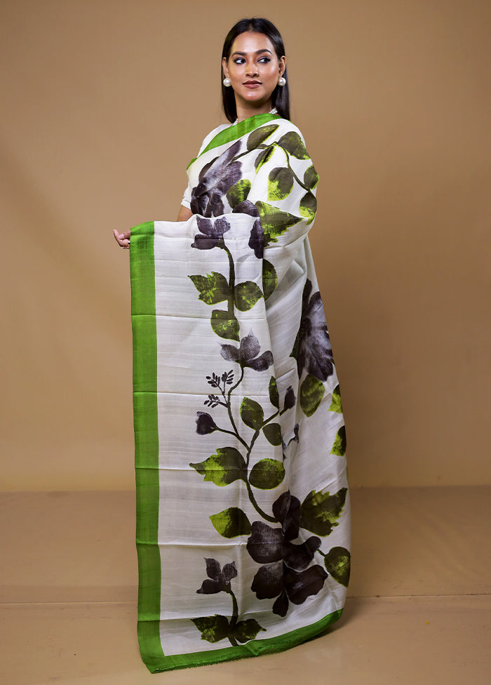 White Printed Silk Saree Without Blouse Piece