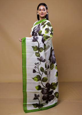 White Printed Silk Saree Without Blouse Piece