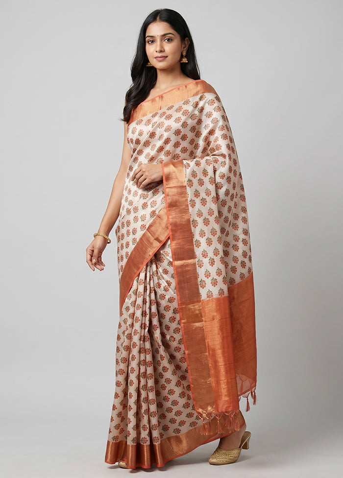 Cream Dupion Silk Saree With Blouse Piece