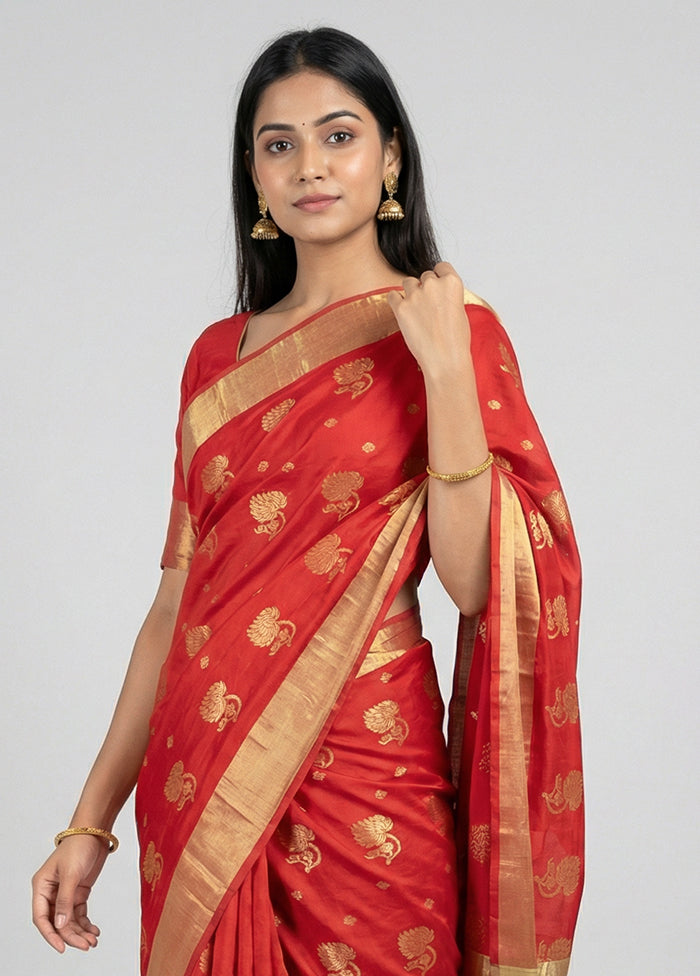 Red Chanderi Silk Saree With Blouse Piece