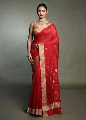 Red Chanderi Cotton Saree With Blouse Piece
