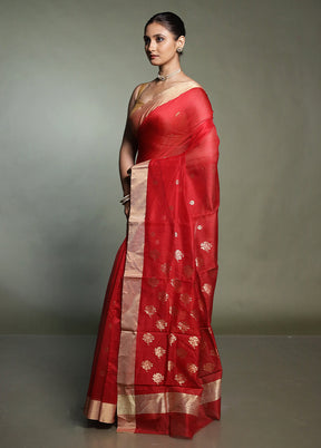 Red Chanderi Cotton Saree With Blouse Piece