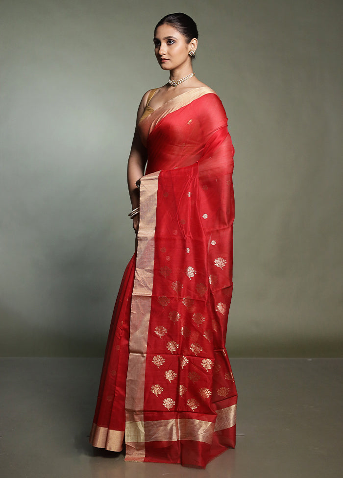 Red Chanderi Cotton Saree With Blouse Piece