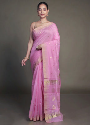 Pink Handloom Chanderi Pure Cotton Saree With Blouse Piece