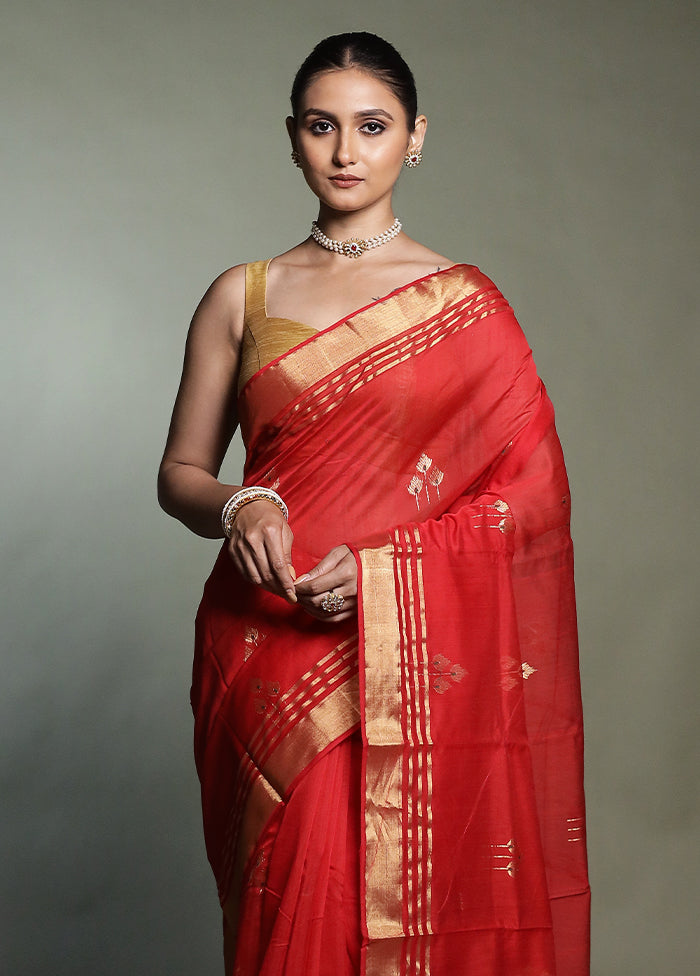 Red Handloom Chanderi Pure Cotton Saree With Blouse Piece