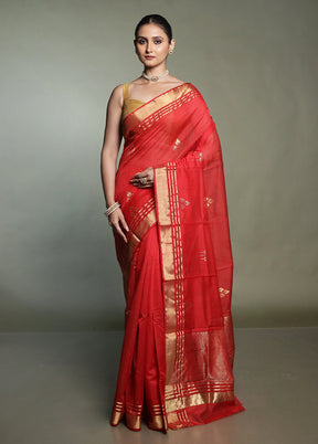 Red Handloom Chanderi Pure Cotton Saree With Blouse Piece