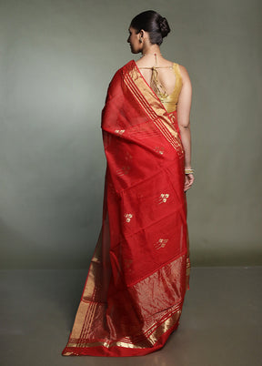 Red Handloom Chanderi Pure Cotton Saree With Blouse Piece