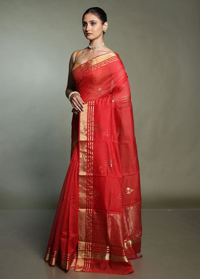 Red Handloom Chanderi Pure Cotton Saree With Blouse Piece