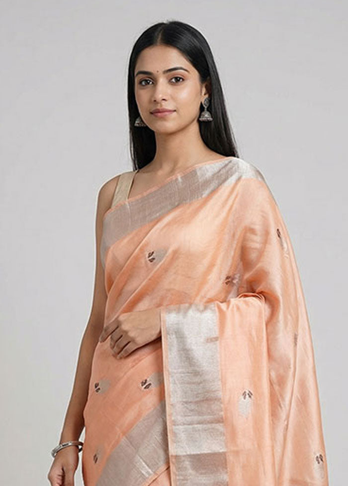 Peach Handloom Chanderi Pure Silk Saree With Blouse Piece