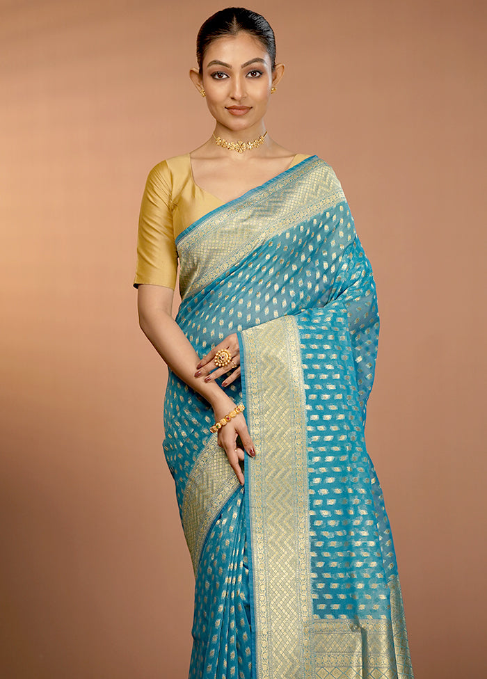 Blue Organza Saree With Blouse Piece