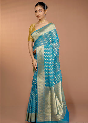 Blue Organza Saree With Blouse Piece