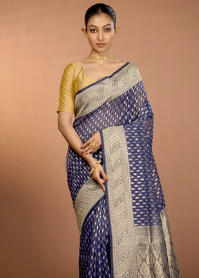 Blue Organza Saree With Blouse Piece