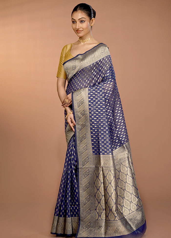 Blue Organza Saree With Blouse Piece