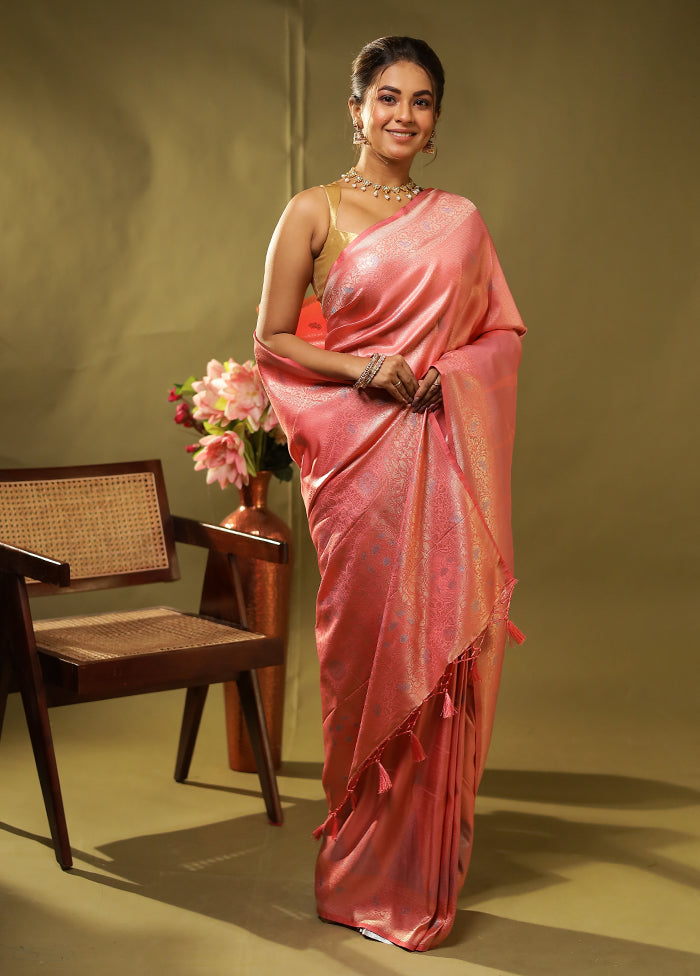 Peach Dupion Silk Saree With Blouse Piece