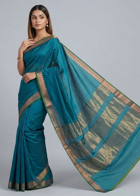Blue Dupion Silk Saree With Blouse Piece
