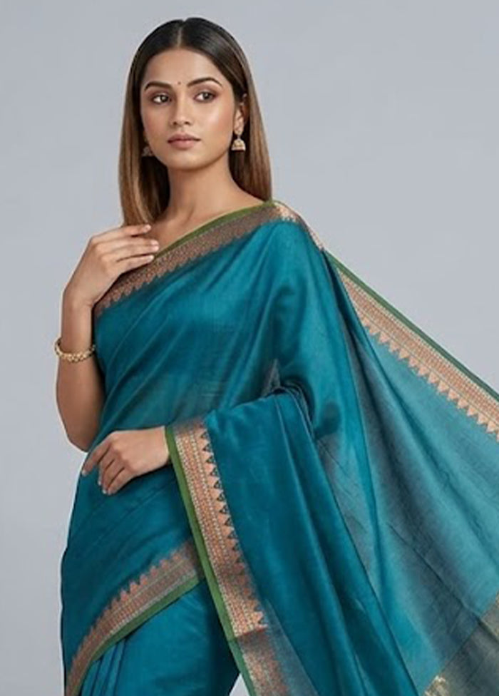 Blue Dupion Silk Saree With Blouse Piece