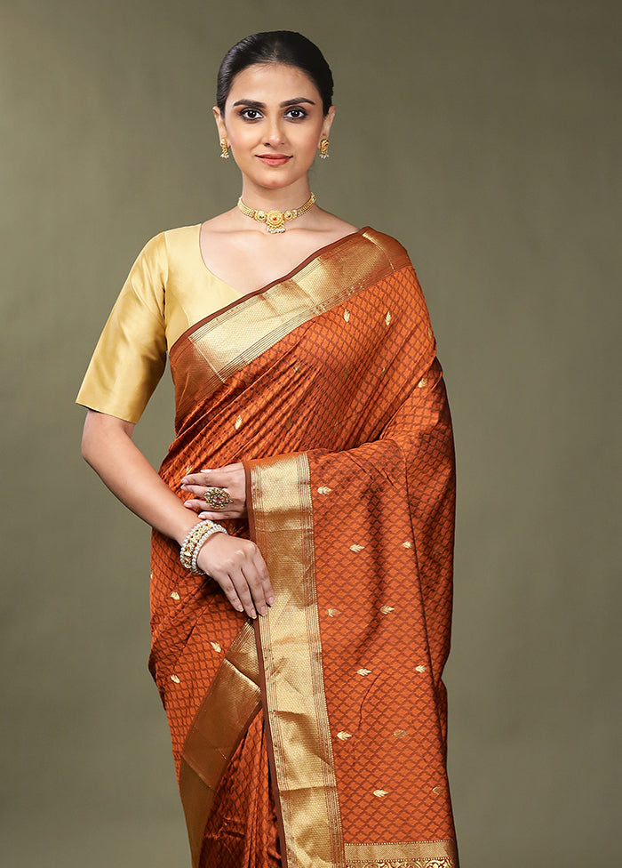 Rust Kanjivaram Silk Saree With Blouse Piece