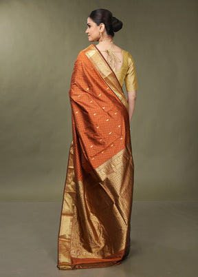Rust Kanjivaram Silk Saree With Blouse Piece