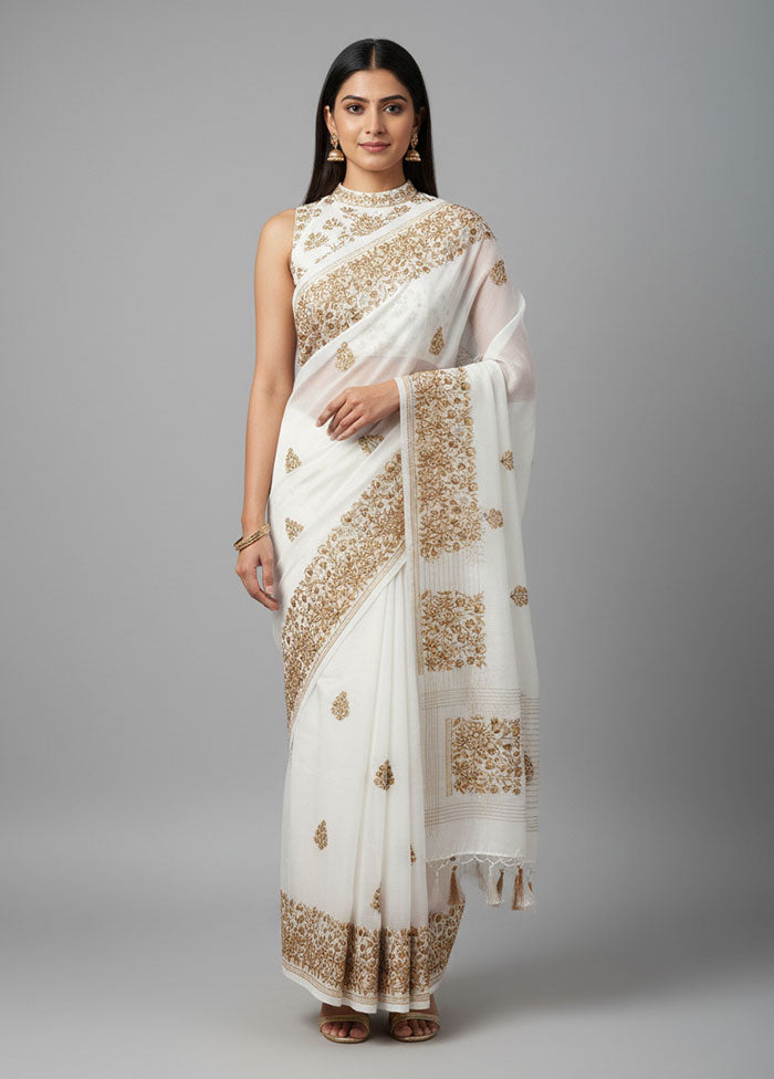 White Tussar Silk Saree With Blouse Piece