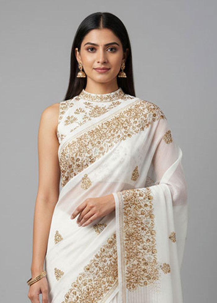 White Tussar Silk Saree With Blouse Piece