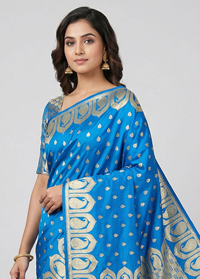 Blue Banarasi Silk Saree With Blouse Piece